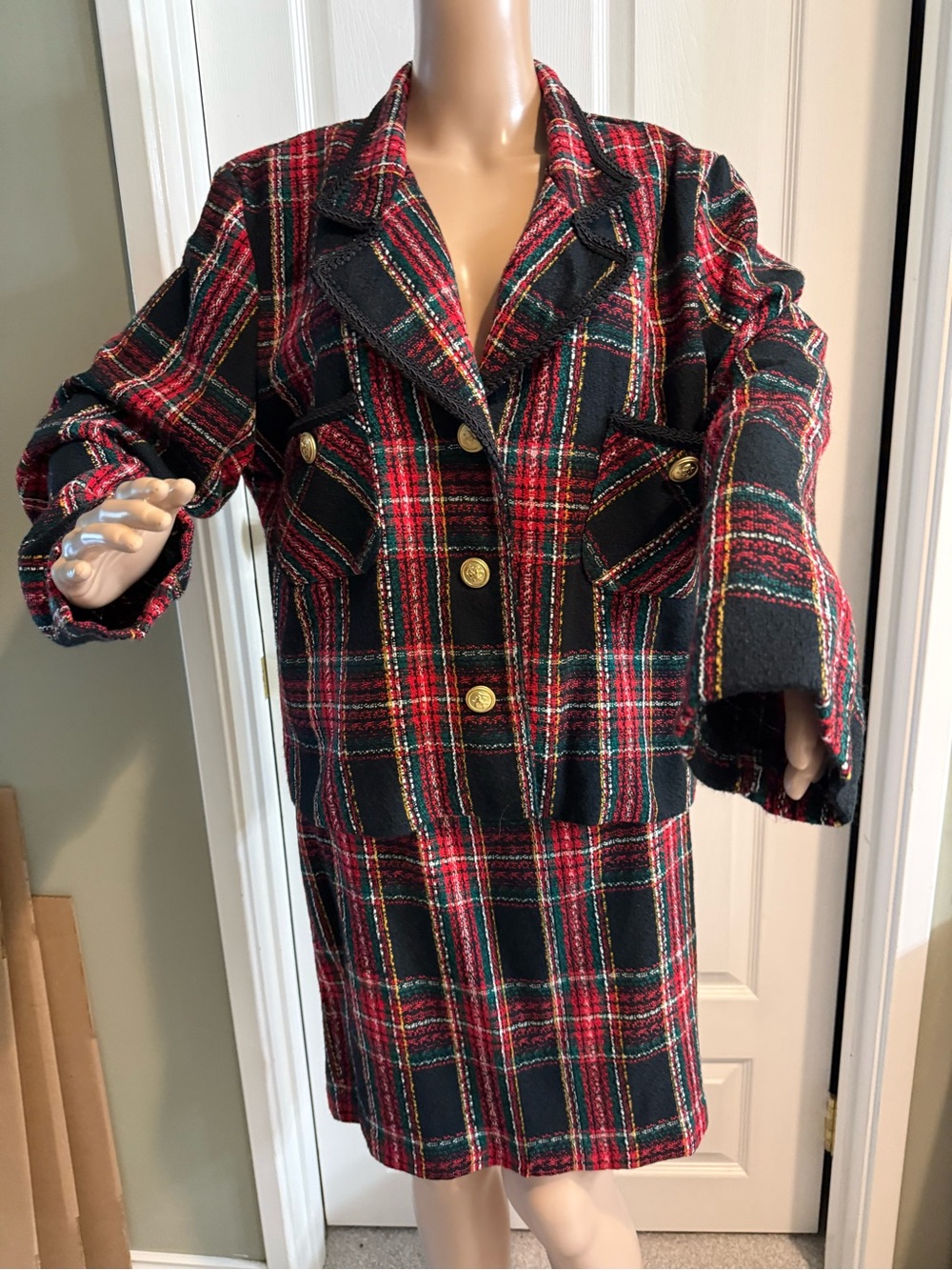 Vintage Stephen Peters Tweed Plaid 2 Piece Blazer Skirt Set Size 18 Preppy